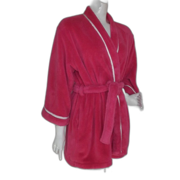 KATE SPADE Plush Robe, M, Bold Pink, Wrap Front, Sash Belt, Fuzzy, Washable - Picture 2 of 14